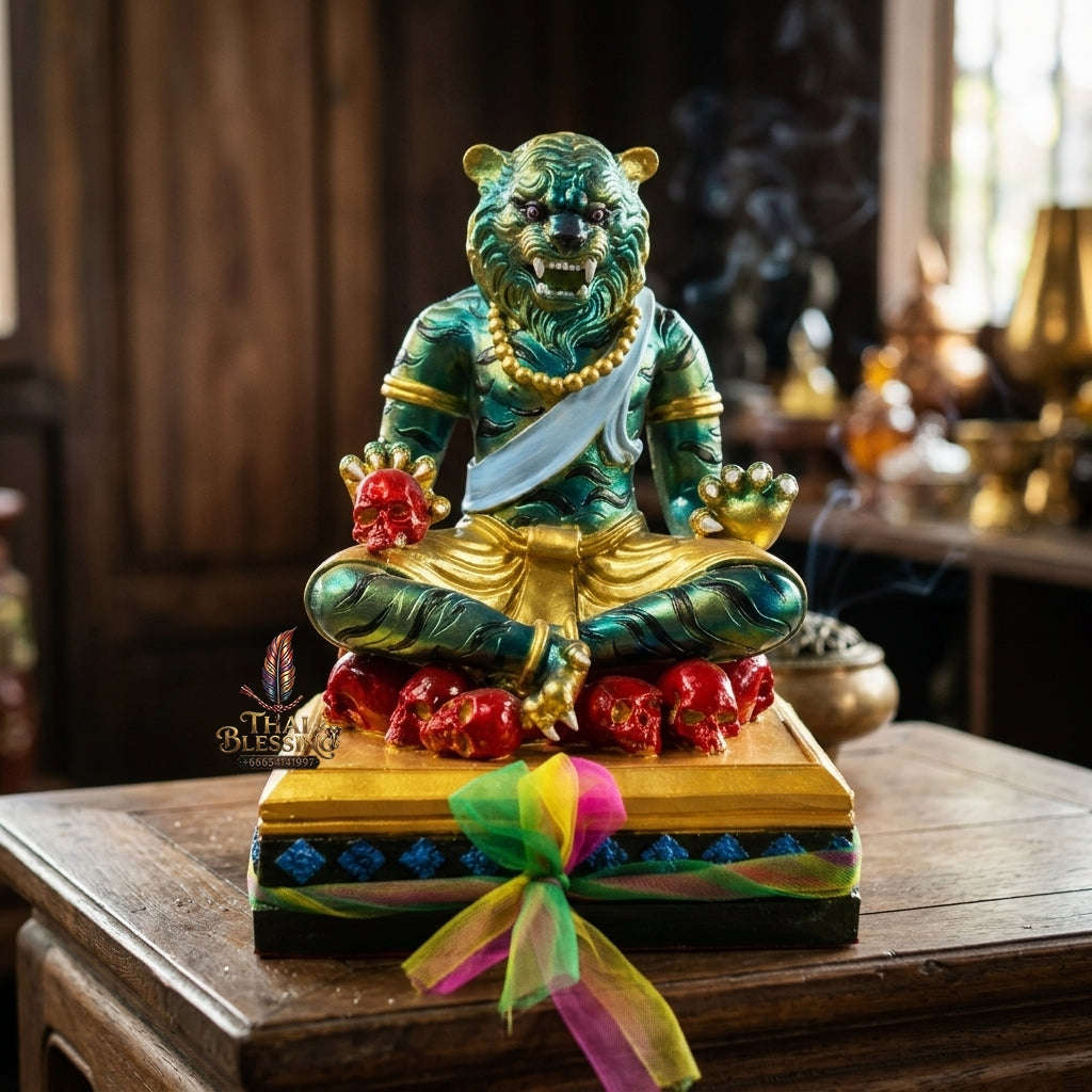 Authentic Thai Sacred Pu Jao Saming Khong Green Emerald Tiger Hermit Statue - for Supreme Authority, Protection, Metta Charm & Wealth Fortune Thai Blessing Co By RURUECHA
