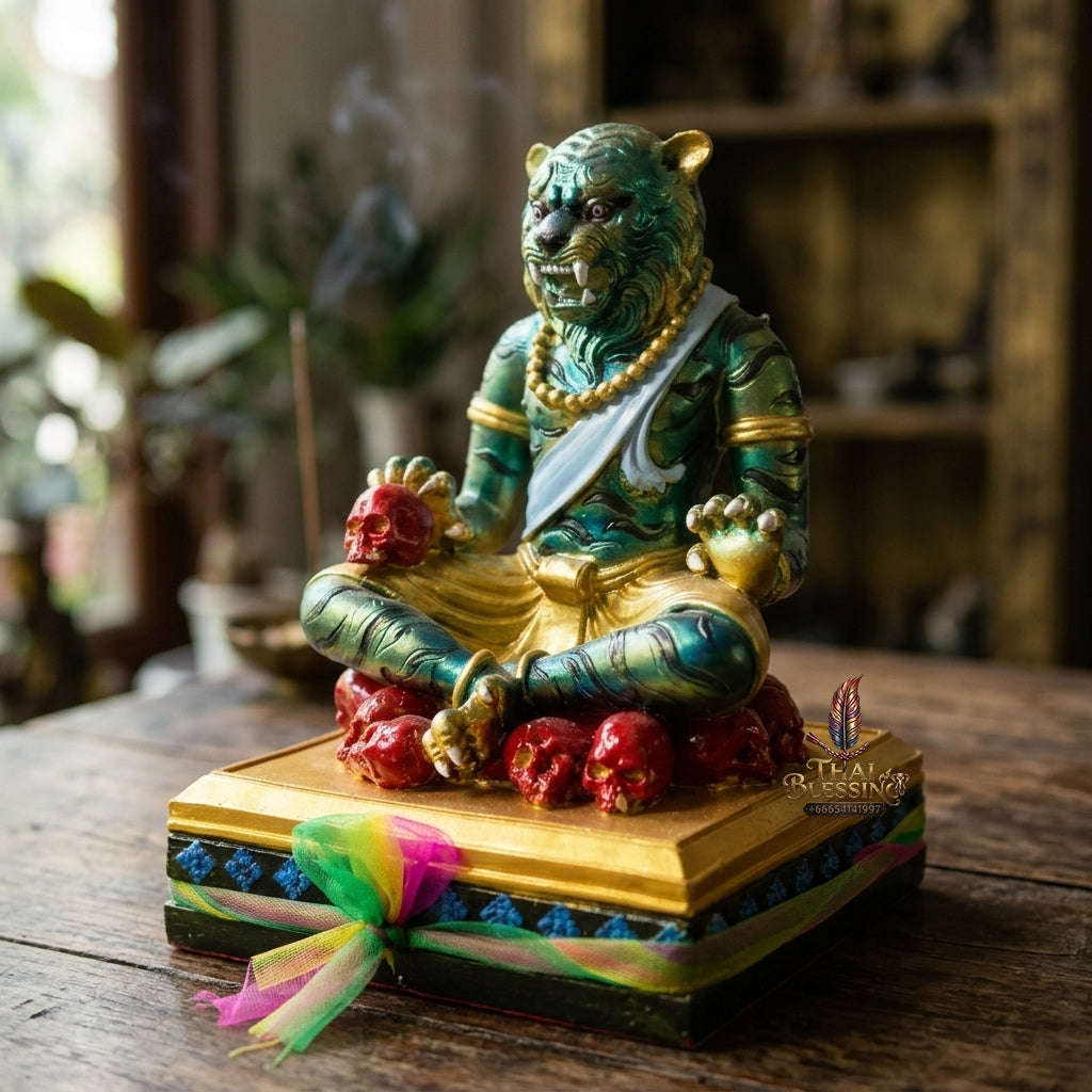 Authentic Thai Sacred Pu Jao Saming Khong Green Emerald Tiger Hermit Statue - for Supreme Authority, Protection, Metta Charm & Wealth Fortune Thai Blessing Co By RURUECHA