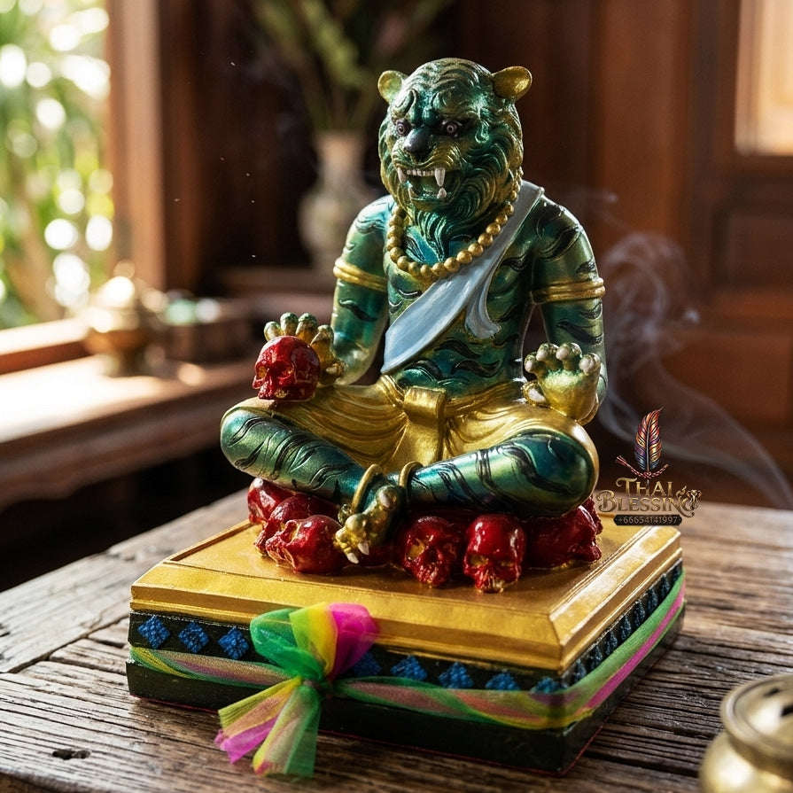 Authentic Thai Sacred Pu Jao Saming Khong Green Emerald Tiger Hermit Statue - for Supreme Authority, Protection, Metta Charm & Wealth Fortune Thai Blessing Co By RURUECHA