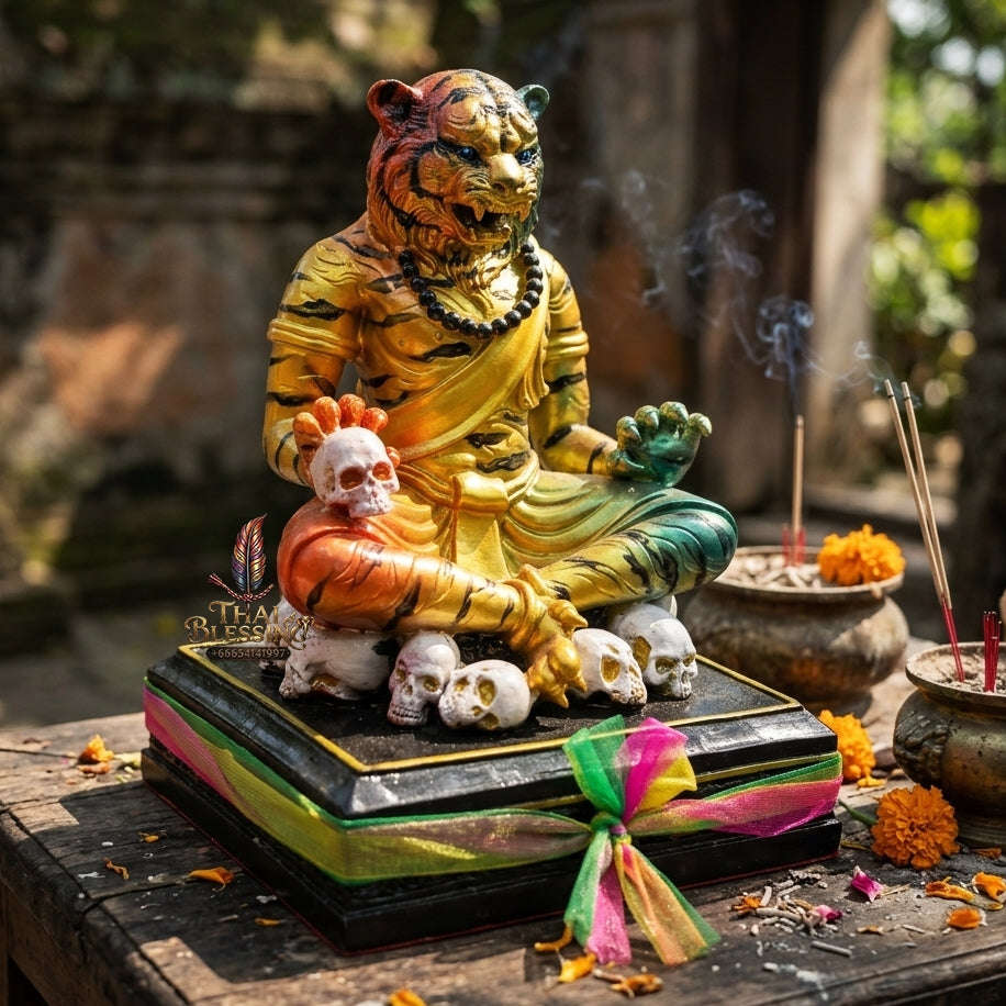 Authentic Thai Sacred Pu Jao Saming Khong Rainbow Gold Tiger Hermit Statue - for Supreme Authority, Protection, Metta Charm & Wealth Fortune Thai Blessing Co By RURUECHA