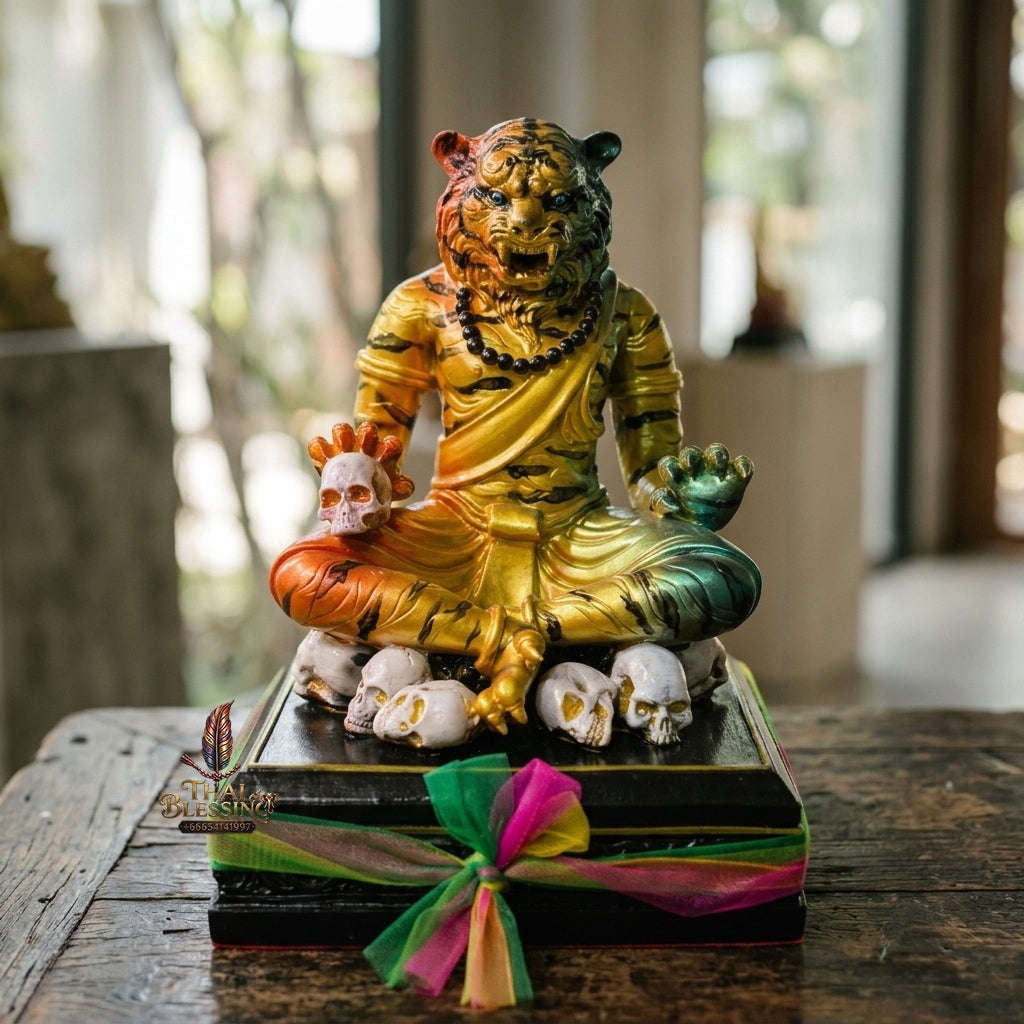 Authentic Thai Sacred Pu Jao Saming Khong Rainbow Gold Tiger Hermit Statue - for Supreme Authority, Protection, Metta Charm & Wealth Fortune Thai Blessing Co By RURUECHA
