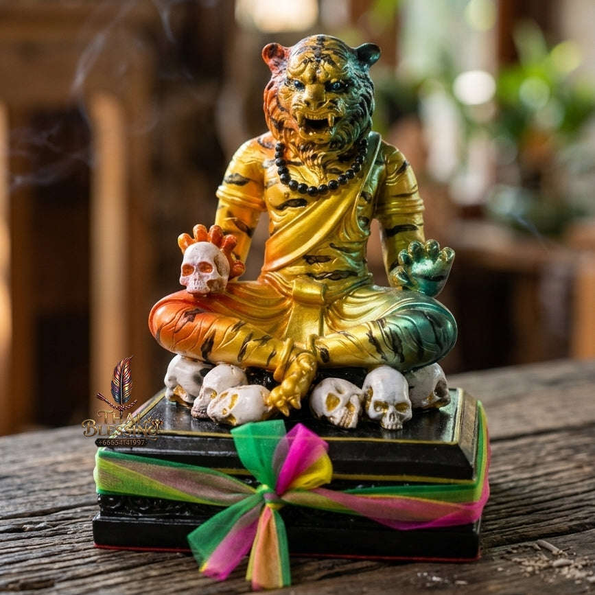 Authentic Thai Sacred Pu Jao Saming Khong Rainbow Gold Tiger Hermit Statue - for Supreme Authority, Protection, Metta Charm & Wealth Fortune Thai Blessing Co By RURUECHA