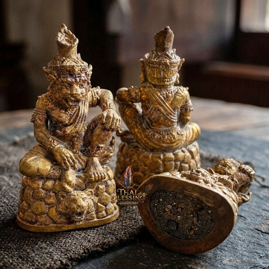 Authentic Thai Sacred Pu Jao Saming Khong Ruesi Tiger Head Statue - Gold Leaf Sacred Bronze for Supreme Metta Charm, Protection & Occult Power Amplification Thai Blessing Co By RURUECHA