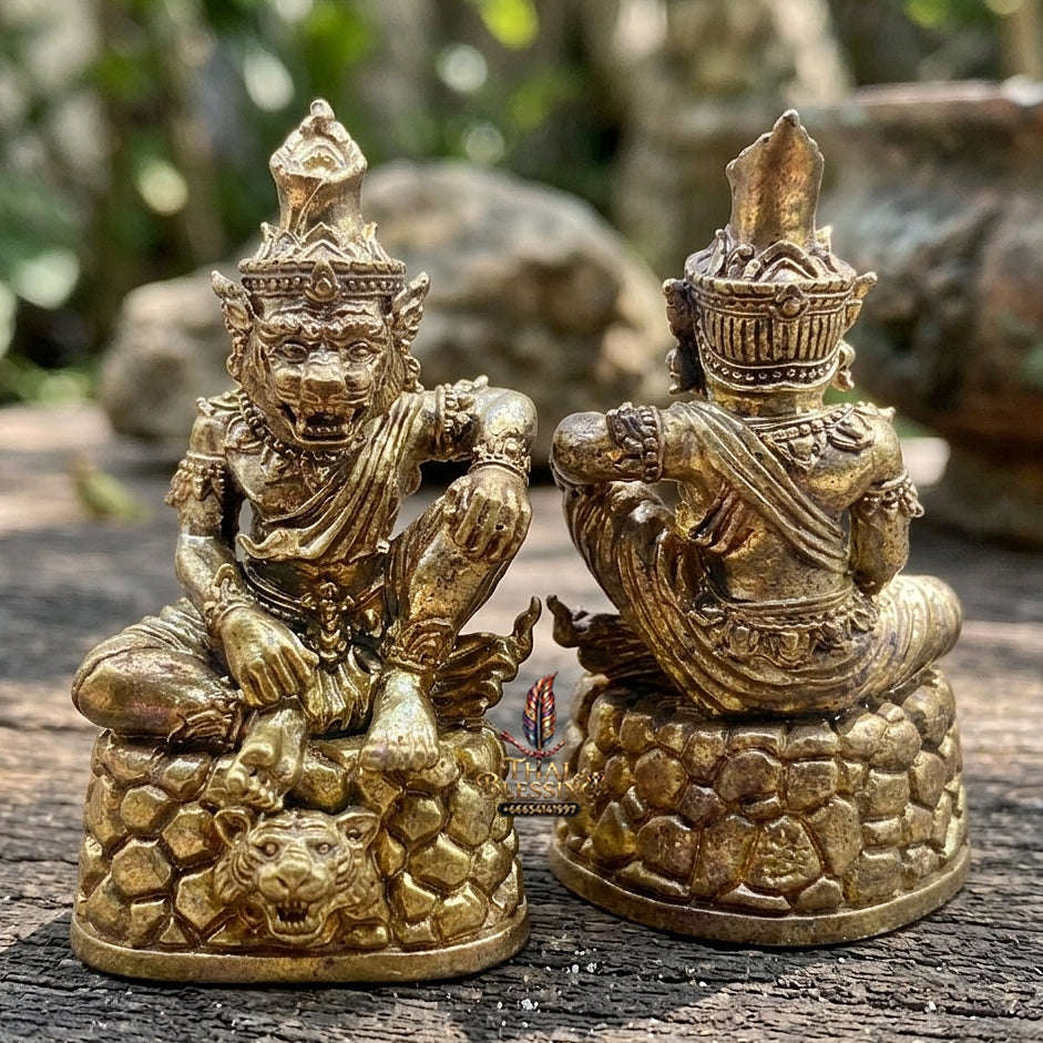 Authentic Thai Sacred Pu Jao Saming Khong Ruesi Tiger Head Statue - Green Emerald Bronze for Supreme Metta Charm, Protection & Occult Power Amplification Thai Blessing Co By RURUECHA