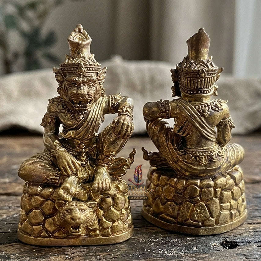 Authentic Thai Sacred Pu Jao Saming Khong Ruesi Tiger Head Statue - Green Emerald Bronze for Supreme Metta Charm, Protection & Occult Power Amplification Thai Blessing Co By RURUECHA