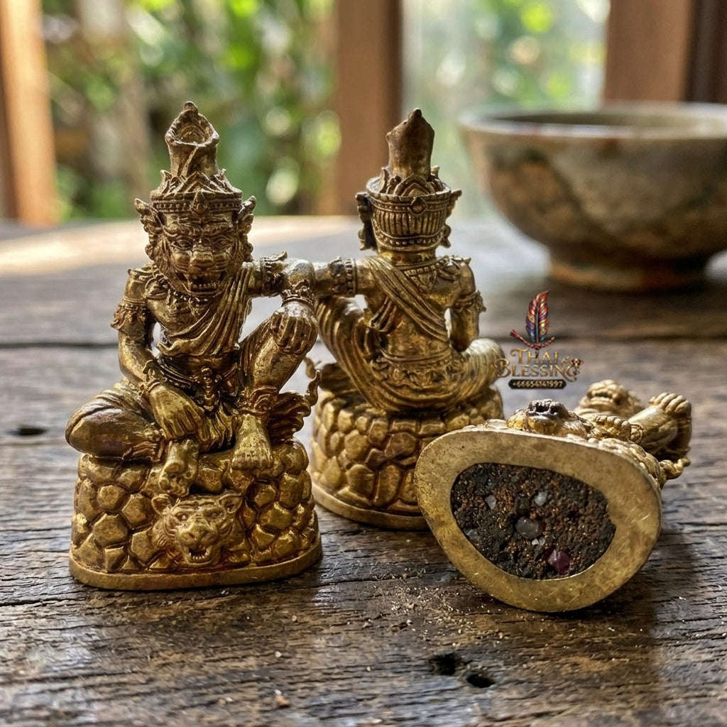 Authentic Thai Sacred Pu Jao Saming Khong Ruesi Tiger Head Statue - Green Emerald Bronze for Supreme Metta Charm, Protection & Occult Power Amplification Thai Blessing Co By RURUECHA