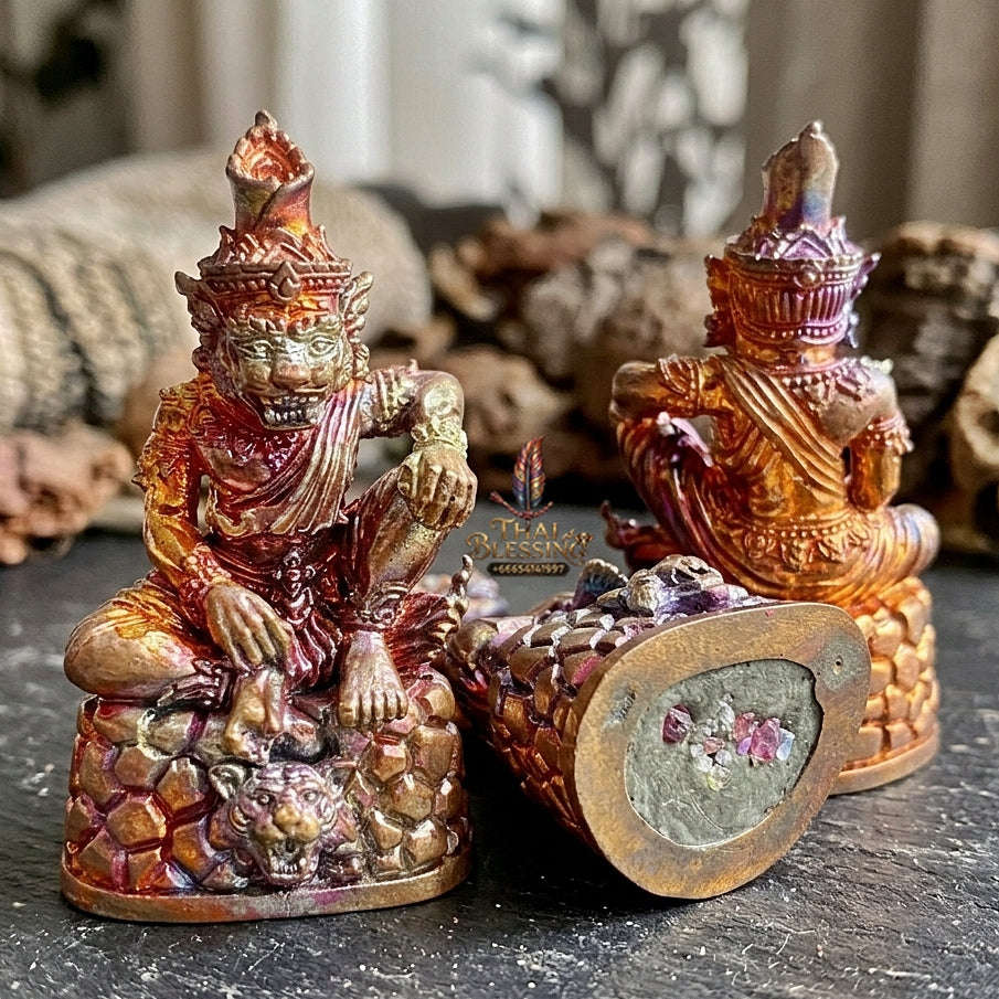 Authentic Thai Sacred Pu Jao Saming Khong Ruesi Tiger Head Statue - Rainbow Flame Copper Edition for Supreme Metta Charm, Protection & Occult Power Amplification Thai Blessing Co By RURUECHA