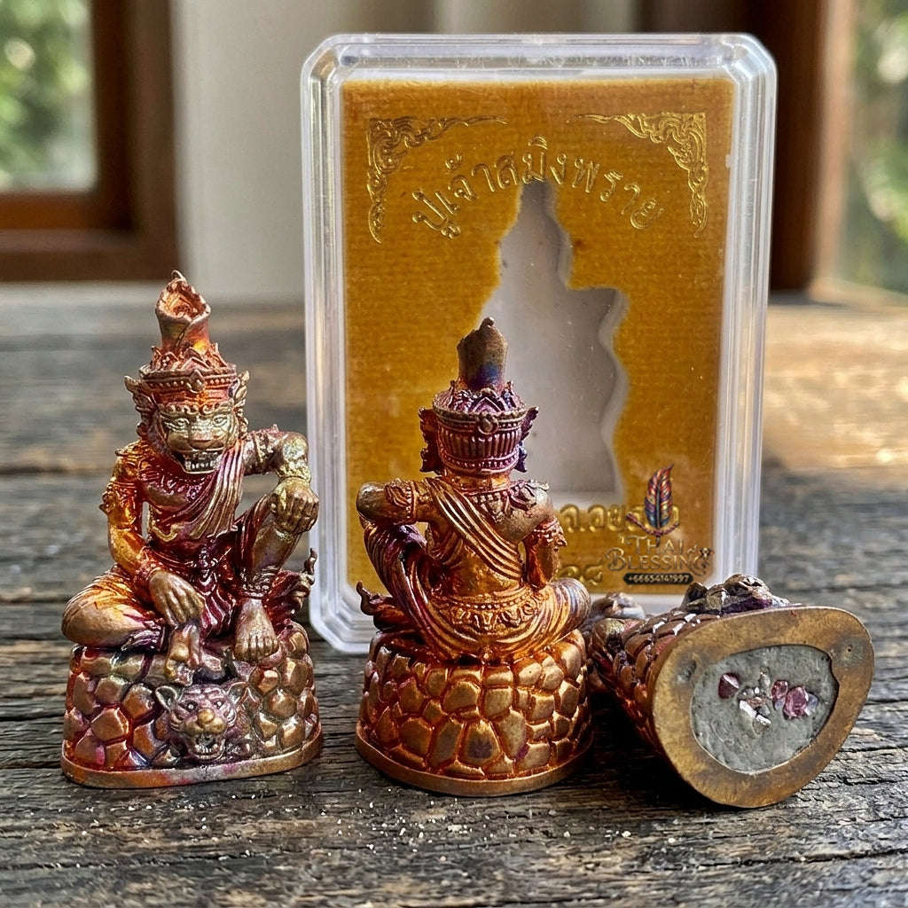 Authentic Thai Sacred Pu Jao Saming Khong Ruesi Tiger Head Statue - Rainbow Flame Copper Edition for Supreme Metta Charm, Protection & Occult Power Amplification Thai Blessing Co By RURUECHA