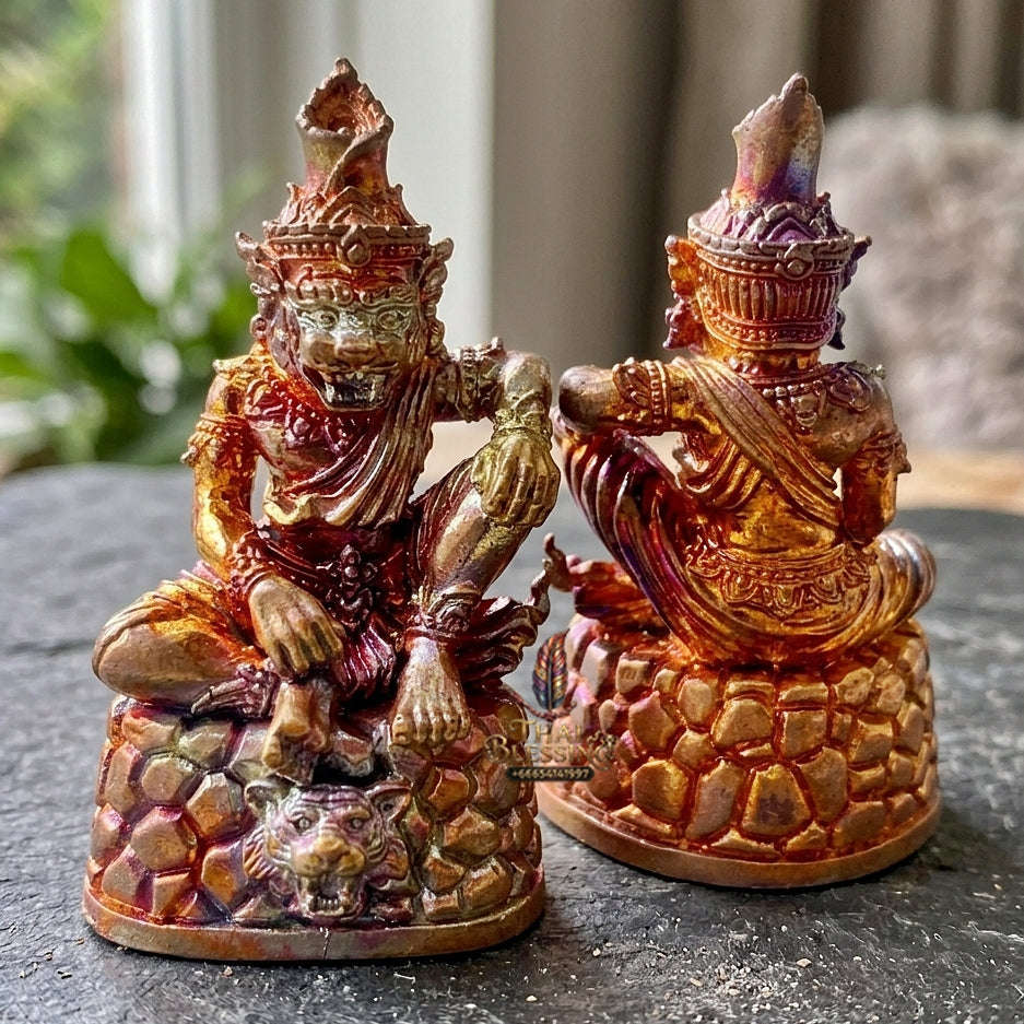 Authentic Thai Sacred Pu Jao Saming Khong Ruesi Tiger Head Statue - Rainbow Flame Copper Edition for Supreme Metta Charm, Protection & Occult Power Amplification Thai Blessing Co By RURUECHA