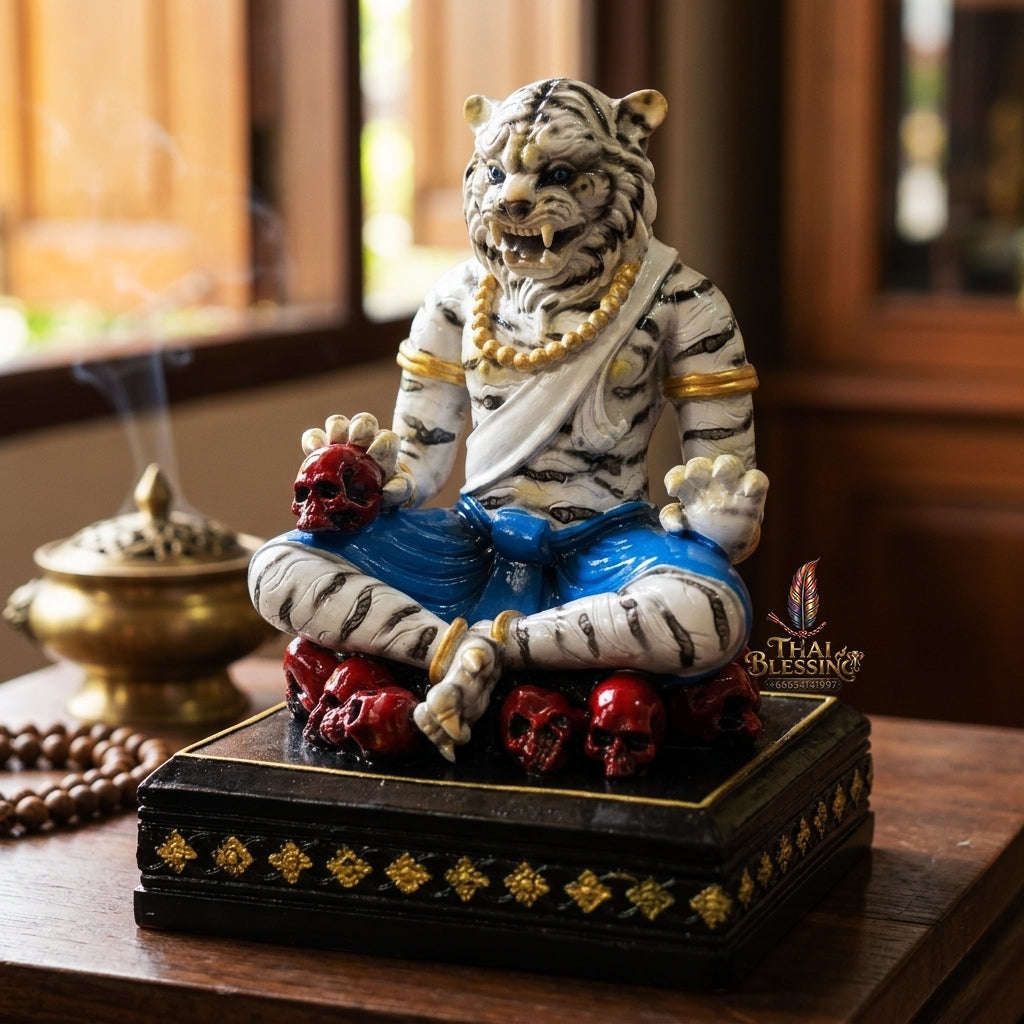 Authentic Thai Sacred Pu Jao Saming Khong White Tiger Hermit Statue - Consecrated by Ajarn Kom Suphanburi for Supreme Authority, Protection, Metta Charm & Wealth Fortune