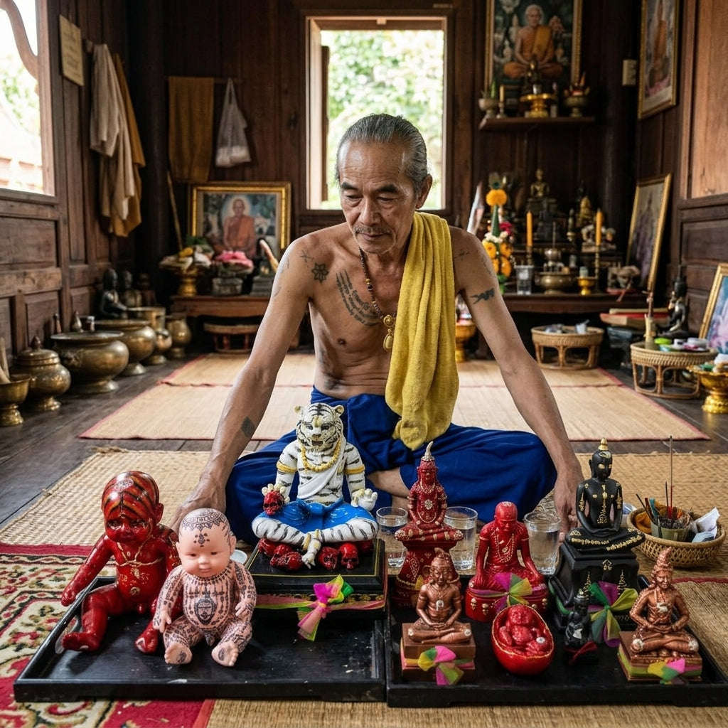 Authentic Thai Sacred Pu Jao Saming Khong White Tiger Hermit Statue - Consecrated by Ajarn Kom Suphanburi for Supreme Authority, Protection, Metta Charm & Wealth Fortune