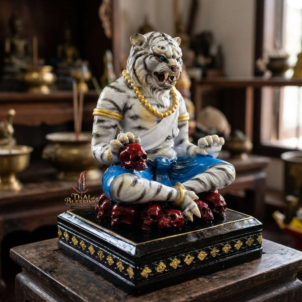 Authentic Thai Sacred Pu Jao Saming Khong White Tiger Hermit Statue - Consecrated by Ajarn Kom Suphanburi for Supreme Authority, Protection, Metta Charm & Wealth Fortune