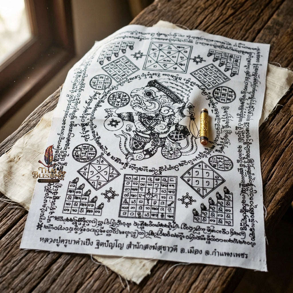 Authentic Thai Sacred Set "Takrut Narai Phlik Phaendin & Hanuman Yantra Cloth Edition 2022" by Khruba Kham Peng, Samnaksong Makha Ngam Thai Blessing Co By RURUECHA