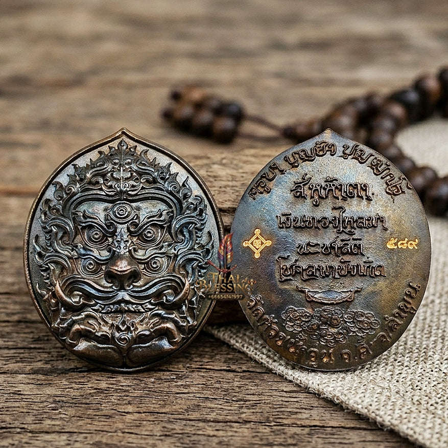 Authentic Thai Sacred Si Hu Ha Ta (Four Ears Five Eyes Indra Transformed Divine Monkey) - Large Blackened Copper Coin for Ultimate Wealth, Gold Attraction & Supreme Protection Thai Blessing Co By RURUECHA