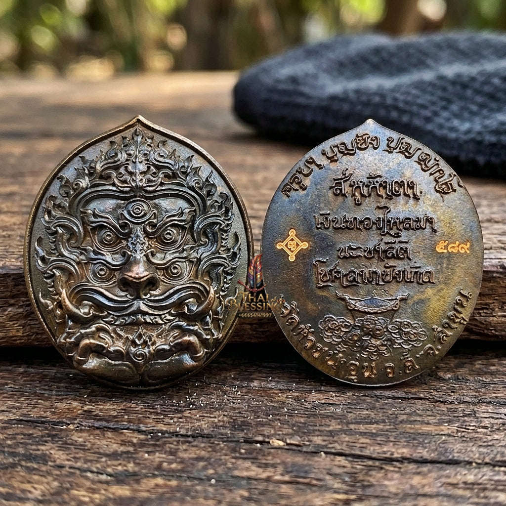 Authentic Thai Sacred Si Hu Ha Ta (Four Ears Five Eyes Indra Transformed Divine Monkey) - Large Blackened Copper Coin for Ultimate Wealth, Gold Attraction & Supreme Protection Thai Blessing Co By RURUECHA