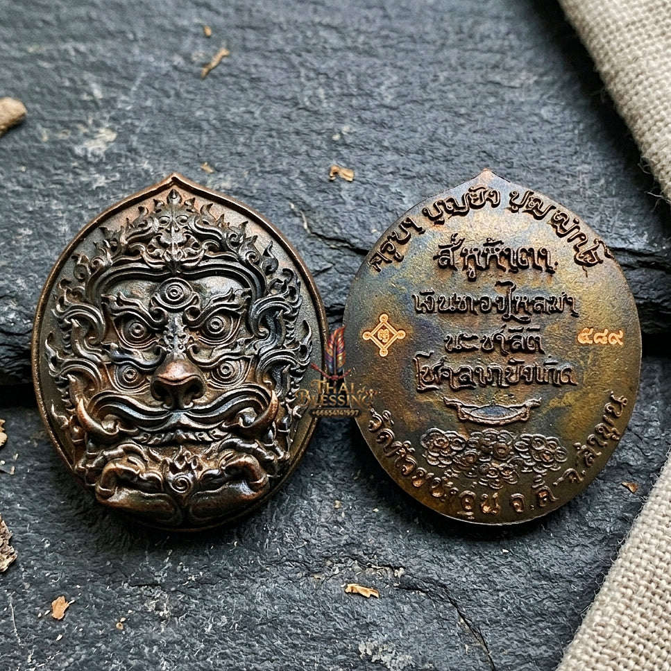 Authentic Thai Sacred Si Hu Ha Ta (Four Ears Five Eyes Indra Transformed Divine Monkey) - Large Blackened Copper Coin for Ultimate Wealth, Gold Attraction & Supreme Protection Thai Blessing Co By RURUECHA