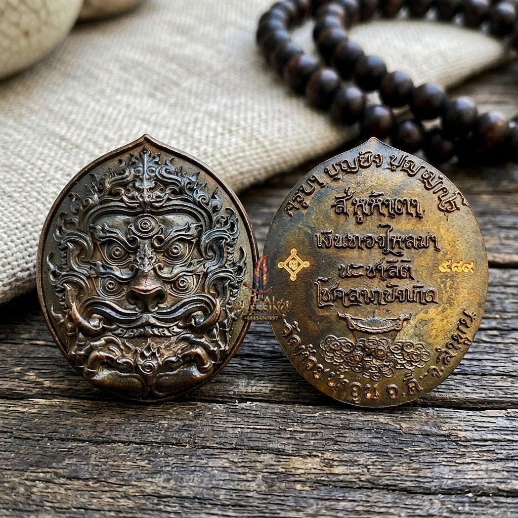 Authentic Thai Sacred Si Hu Ha Ta (Four Ears Five Eyes Indra Transformed Divine Monkey) - Large Blackened Copper Coin for Ultimate Wealth, Gold Attraction & Supreme Protection Thai Blessing Co By RURUECHA