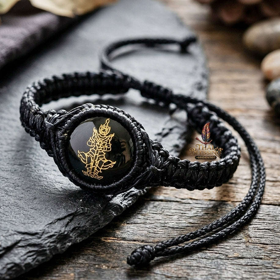 Authentic Thai Sacred Thao Wessuwan Bracelet - Phet Nam Phi Green Leklai Sacred Glass Hand-Woven Cord Edition Free Size for Ultimate Wealth, Evil Shield & Anti-Black Magic Thai Blessing Co By RURUECHA