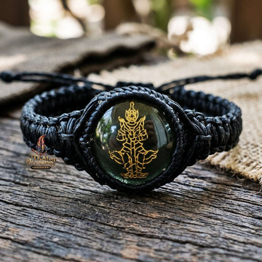Authentic Thai Sacred Thao Wessuwan Bracelet - Phet Nam Phi Green Leklai Sacred Glass Hand-Woven Cord Edition Free Size for Ultimate Wealth, Evil Shield & Anti-Black Magic Thai Blessing Co By RURUECHA