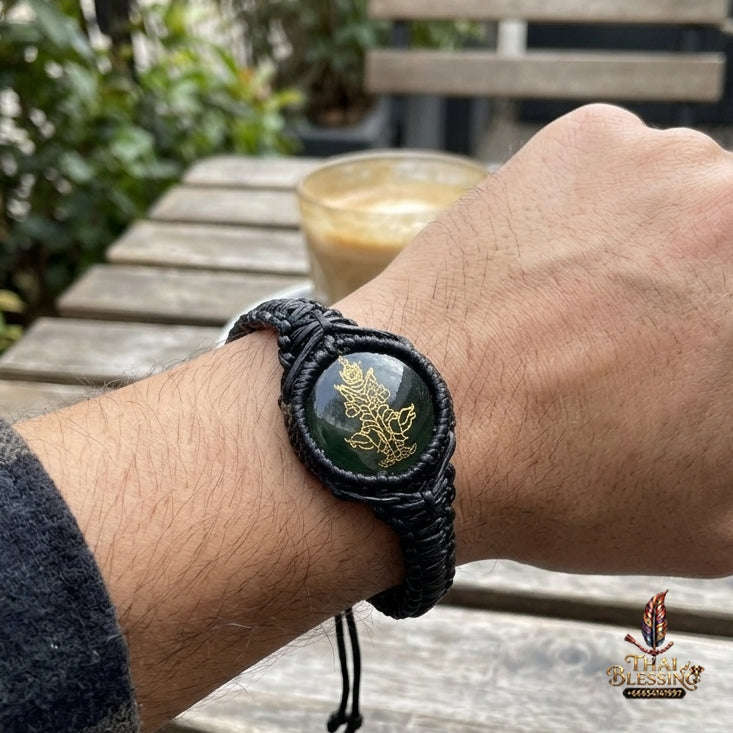 Authentic Thai Sacred Thao Wessuwan Bracelet - Phet Nam Phi Green Leklai Sacred Glass Hand-Woven Cord Edition Free Size for Ultimate Wealth, Evil Shield & Anti-Black Magic Thai Blessing Co By RURUECHA