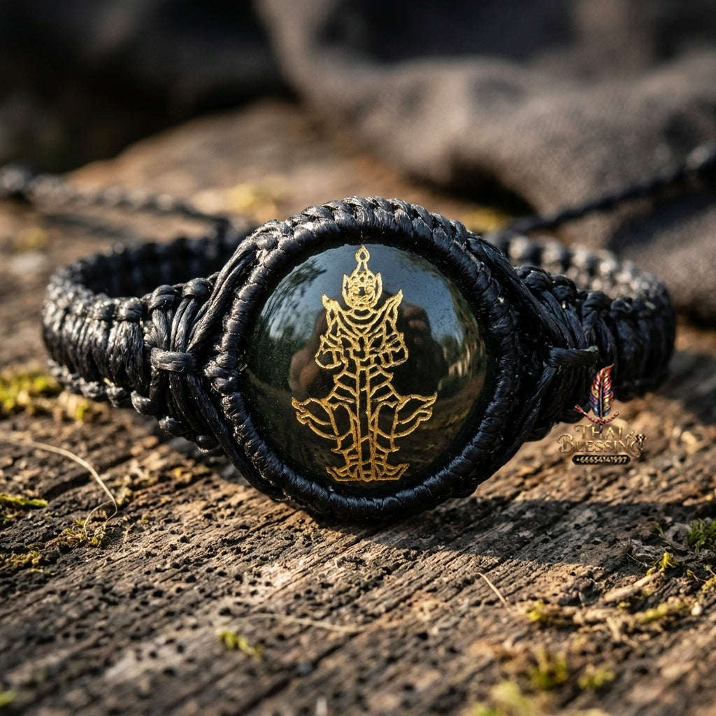 Authentic Thai Sacred Thao Wessuwan Bracelet - Phet Nam Phi Green Leklai Sacred Glass Hand-Woven Cord Edition Free Size for Ultimate Wealth, Evil Shield & Anti-Black Magic Thai Blessing Co By RURUECHA