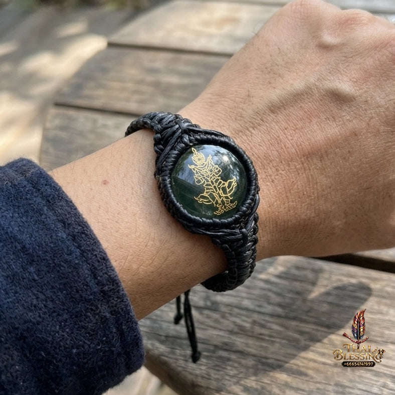Authentic Thai Sacred Thao Wessuwan Bracelet - Phet Nam Phi Green Leklai Sacred Glass Hand-Woven Cord Edition Free Size for Ultimate Wealth, Evil Shield & Anti-Black Magic Thai Blessing Co By RURUECHA
