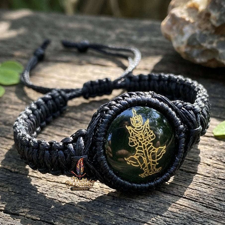 Authentic Thai Sacred Thao Wessuwan Bracelet - Phet Nam Phi Green Leklai Sacred Glass Hand-Woven Cord Edition Free Size for Ultimate Wealth, Evil Shield & Anti-Black Magic Thai Blessing Co By RURUECHA