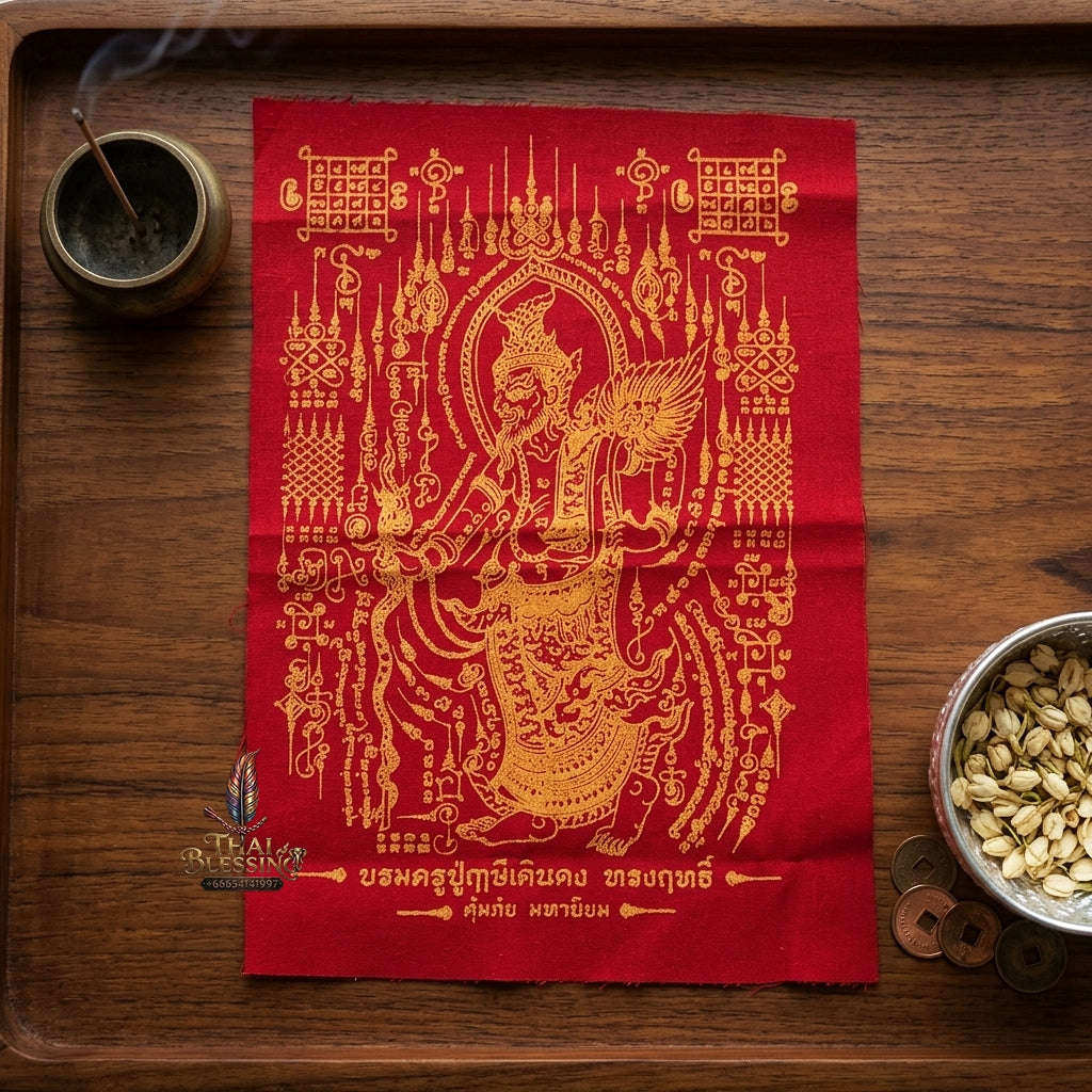 Authentic Thai Sacred Yantra Cloth "Grand Master Lersi Doen Dong - Supreme Protection & Universal Popularity Edition" (A4 Size) by Ruen Phra Phetchalukan Pichai Songkhram Thai Blessing Co By RURUECHA