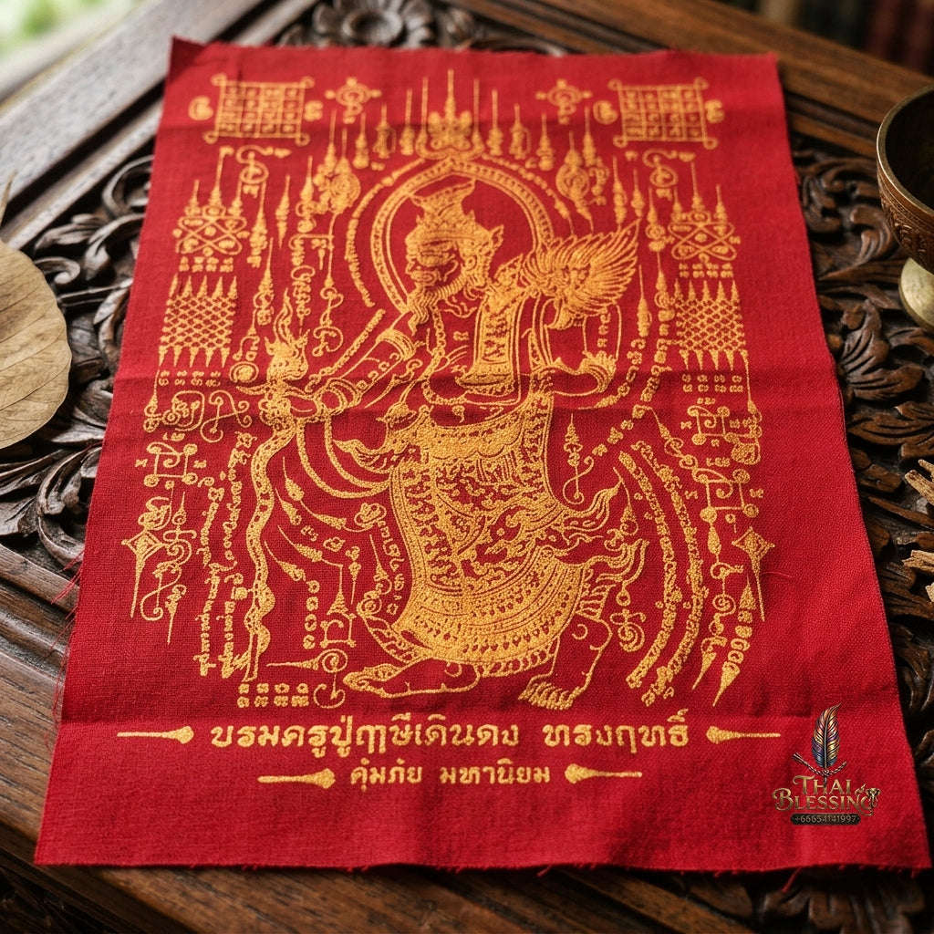 Authentic Thai Sacred Yantra Cloth "Grand Master Lersi Doen Dong - Supreme Protection & Universal Popularity Edition" (A4 Size) by Ruen Phra Phetchalukan Pichai Songkhram Thai Blessing Co By RURUECHA