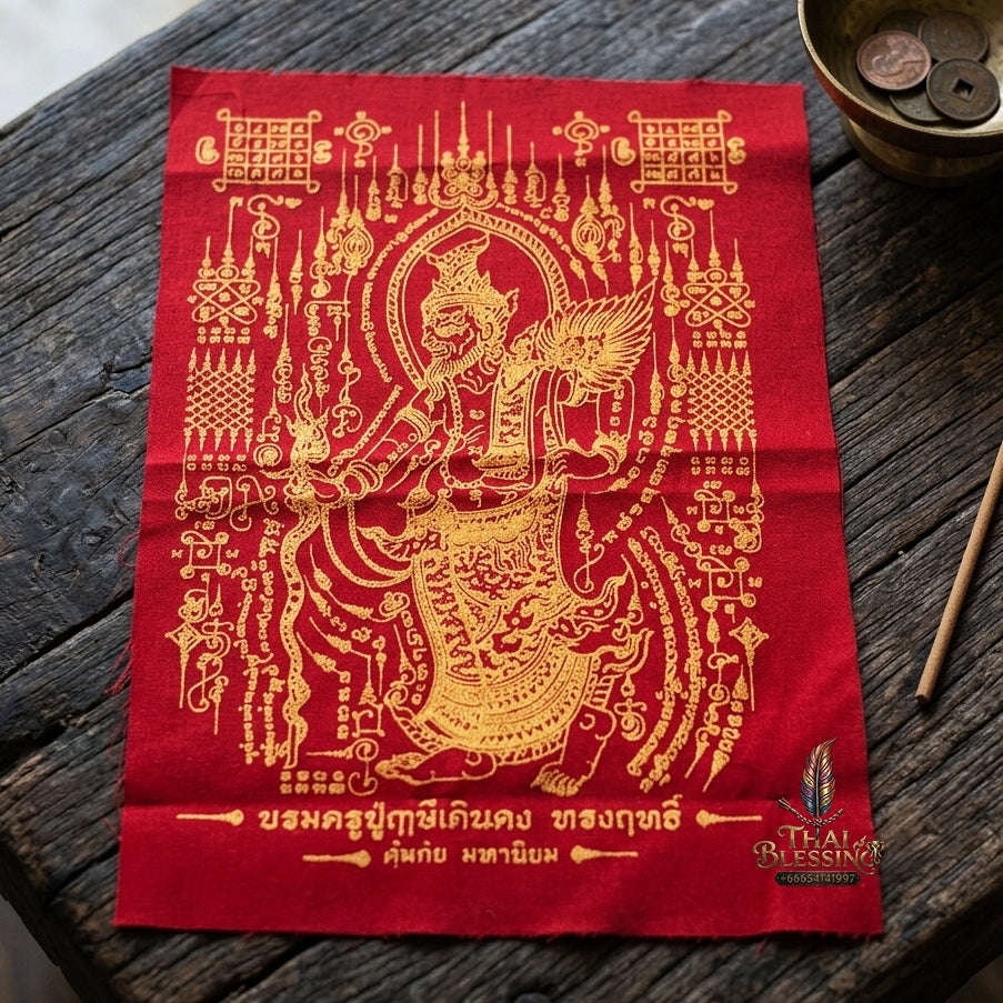 Authentic Thai Sacred Yantra Cloth "Grand Master Lersi Doen Dong - Supreme Protection & Universal Popularity Edition" (A4 Size) by Ruen Phra Phetchalukan Pichai Songkhram Thai Blessing Co By RURUECHA