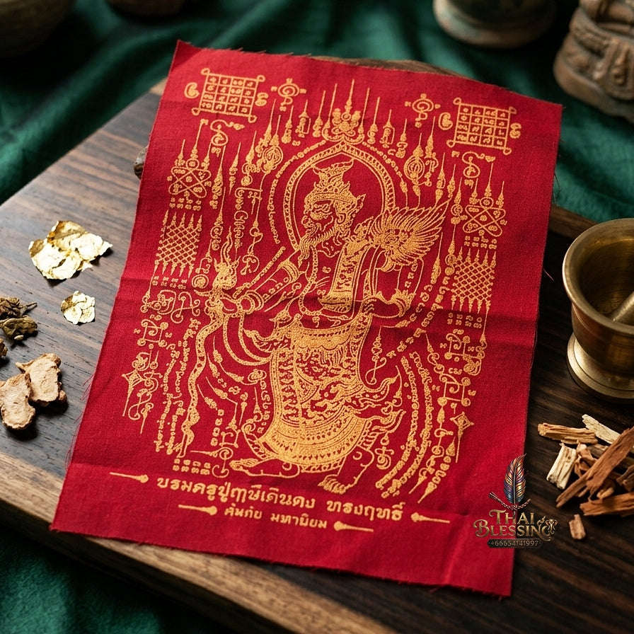 Authentic Thai Sacred Yantra Cloth "Grand Master Lersi Doen Dong - Supreme Protection & Universal Popularity Edition" (A4 Size) by Ruen Phra Phetchalukan Pichai Songkhram Thai Blessing Co By RURUECHA