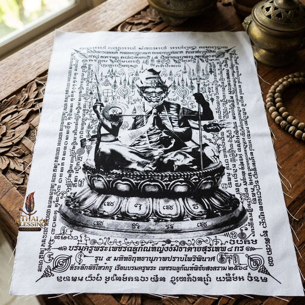 Authentic Thai Sacred Yantra Cloth "Grand Master Lersi Phetchalukan - 8-Armed Asura Deity Avatar" Enemy Vanquishing Edition (A3 Size) by Ruen Phra Phetchalukan Pichai Songkhram Thai Blessing Co By RURUECHA