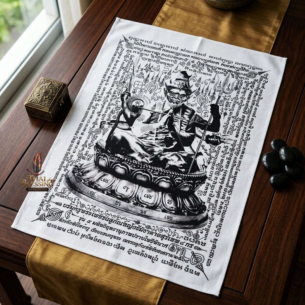 Authentic Thai Sacred Yantra Cloth "Grand Master Lersi Phetchalukan - 8-Armed Asura Deity Avatar" Enemy Vanquishing Edition (A3 Size) by Ruen Phra Phetchalukan Pichai Songkhram Thai Blessing Co By RURUECHA