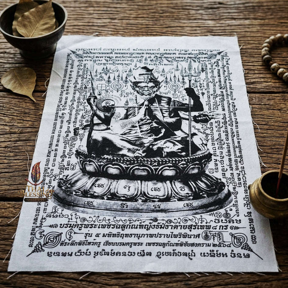 Authentic Thai Sacred Yantra Cloth "Grand Master Lersi Phetchalukan - 8-Armed Asura Deity Avatar" Enemy Vanquishing Edition (A3 Size) by Ruen Phra Phetchalukan Pichai Songkhram Thai Blessing Co By RURUECHA