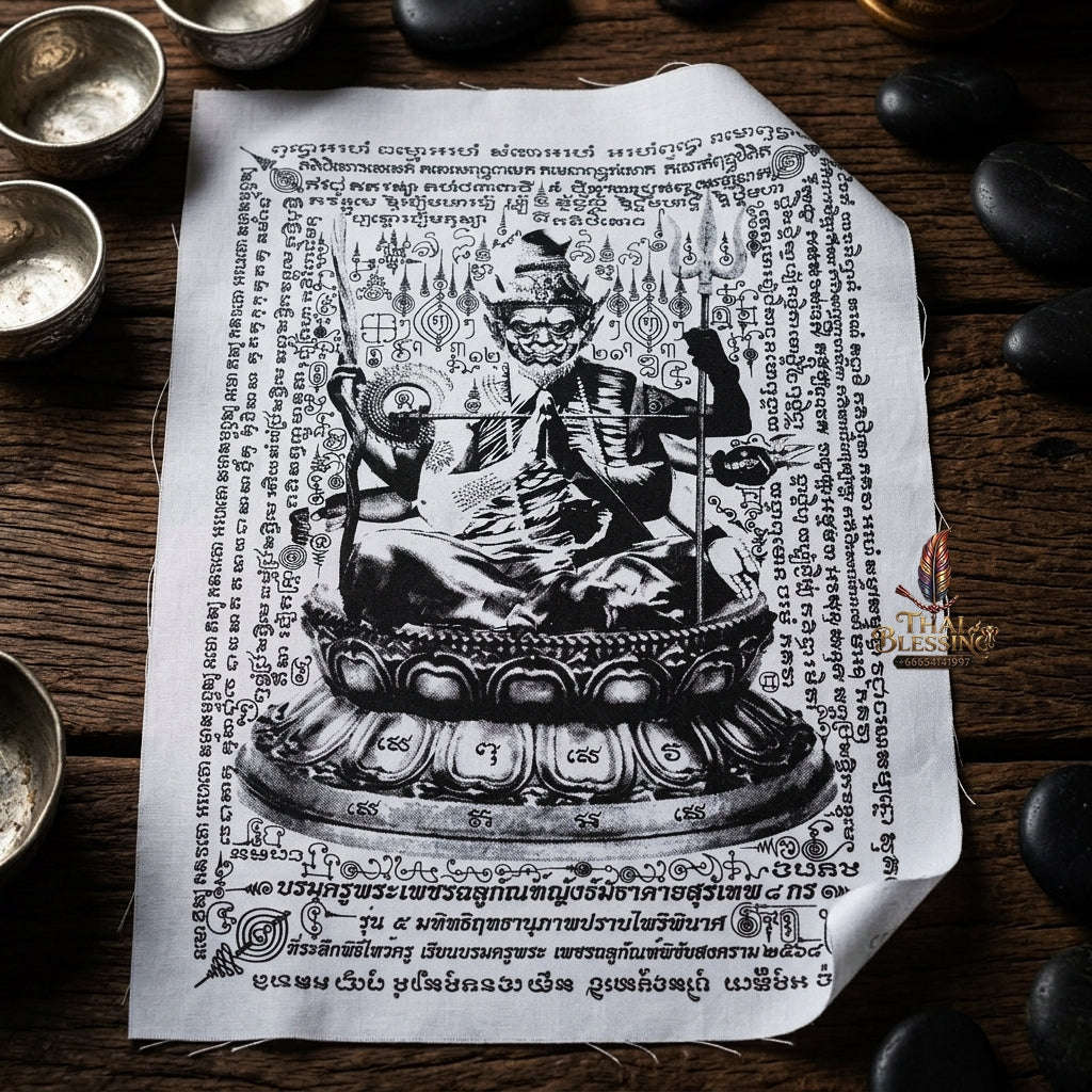 Authentic Thai Sacred Yantra Cloth "Grand Master Lersi Phetchalukan - 8-Armed Asura Deity Avatar" Enemy Vanquishing Edition (A3 Size) by Ruen Phra Phetchalukan Pichai Songkhram Thai Blessing Co By RURUECHA