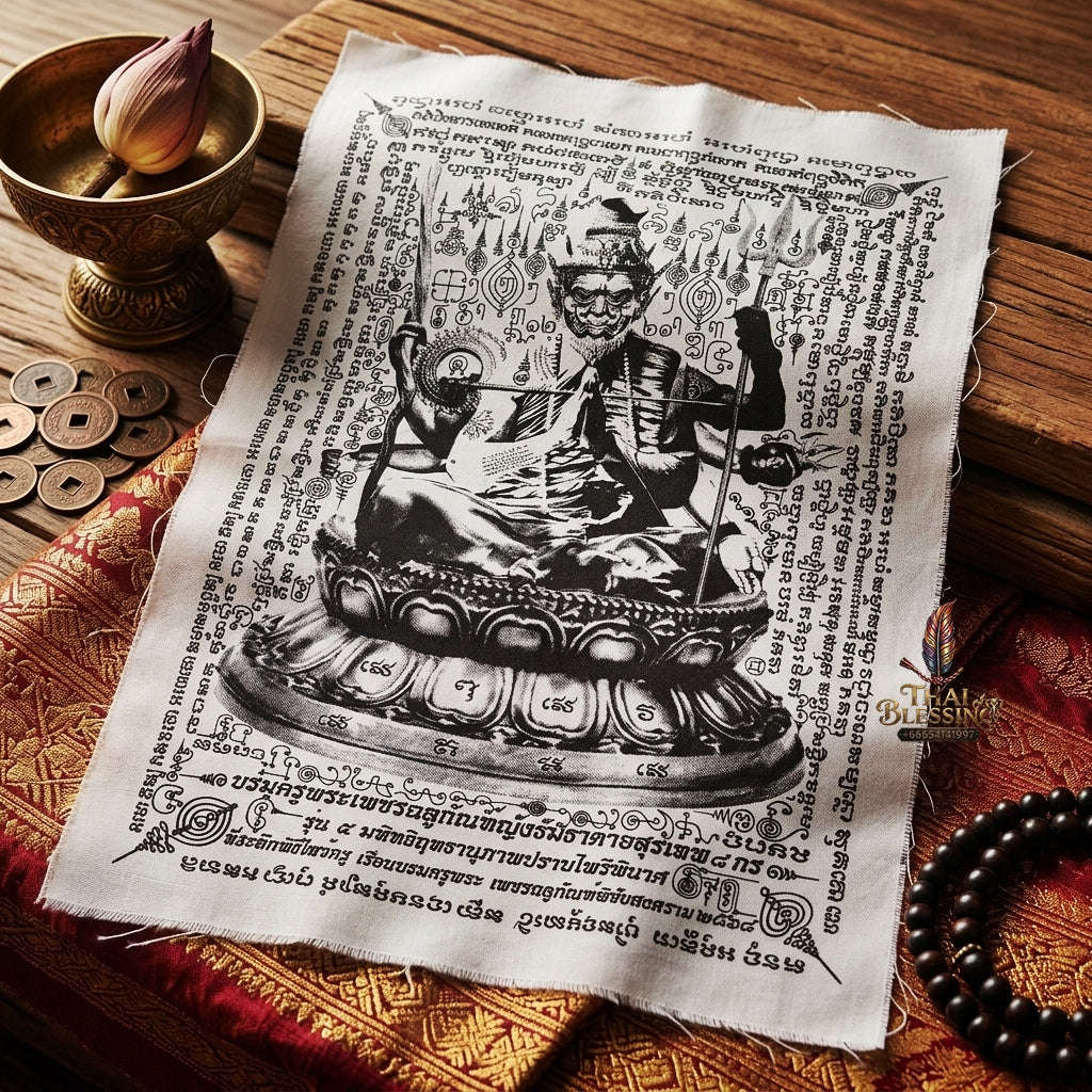 Authentic Thai Sacred Yantra Cloth "Grand Master Lersi Phetchalukan - 8-Armed Asura Deity Avatar" Enemy Vanquishing Edition (A3 Size) by Ruen Phra Phetchalukan Pichai Songkhram Thai Blessing Co By RURUECHA