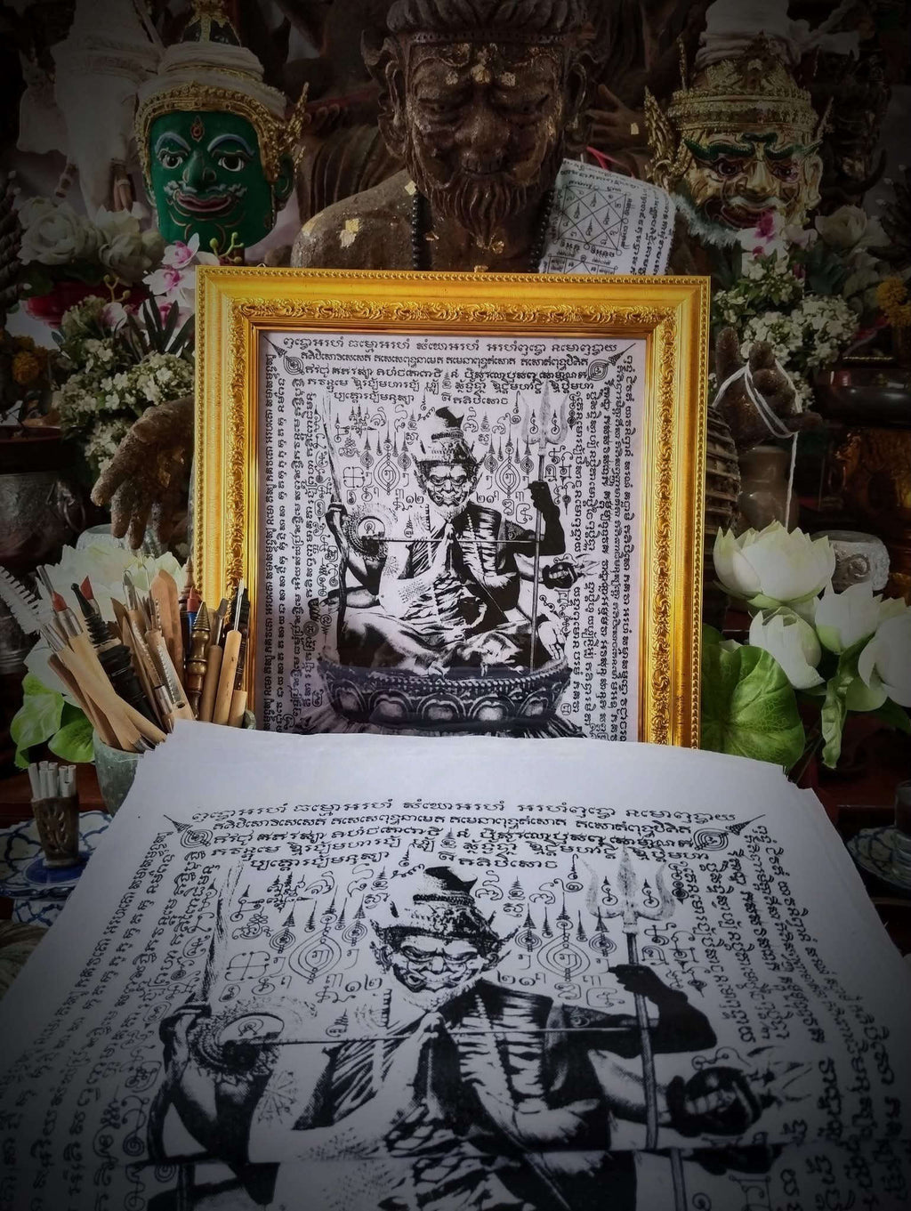 Authentic Thai Sacred Yantra Cloth "Grand Master Lersi Phetchalukan - 8-Armed Asura Deity Avatar" Enemy Vanquishing Edition (A3 Size) by Ruen Phra Phetchalukan Pichai Songkhram Thai Blessing Co By RURUECHA
