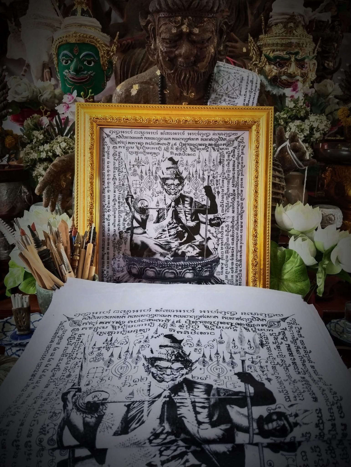 Authentic Thai Sacred Yantra Cloth "Grand Master Lersi Phetchalukan - 8-Armed Asura Deity Avatar" Enemy Vanquishing Edition (A3 Size) by Ruen Phra Phetchalukan Pichai Songkhram Thai Blessing Co By RURUECHA