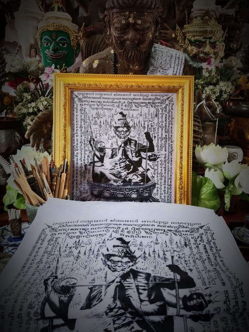 Authentic Thai Sacred Yantra Cloth "Grand Master Lersi Phetchalukan - 8-Armed Asura Deity Avatar" Enemy Vanquishing Edition (A3 Size) by Ruen Phra Phetchalukan Pichai Songkhram Thai Blessing Co By RURUECHA