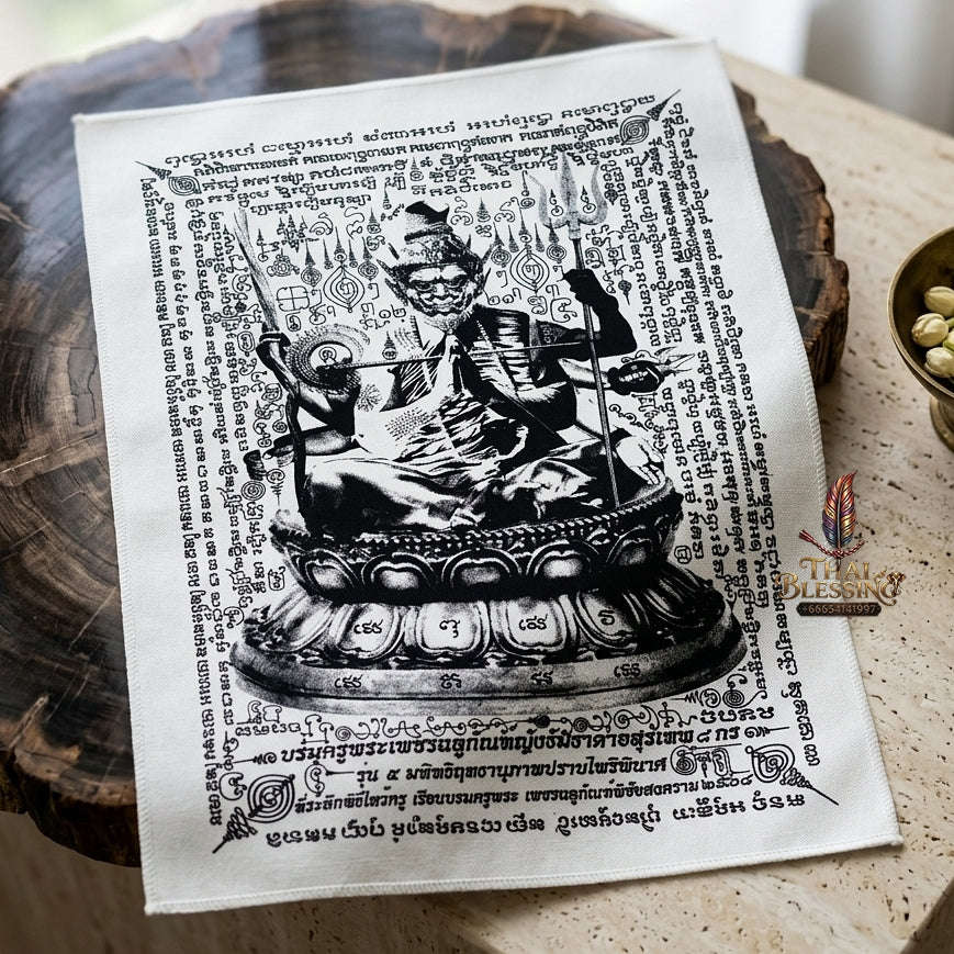 Authentic Thai Sacred Yantra Cloth "Grand Master Lersi Phetchalukan - 8-Armed Asura Deity Avatar" Enemy Vanquishing Edition (A3 Size) by Ruen Phra Phetchalukan Pichai Songkhram Thai Blessing Co By RURUECHA