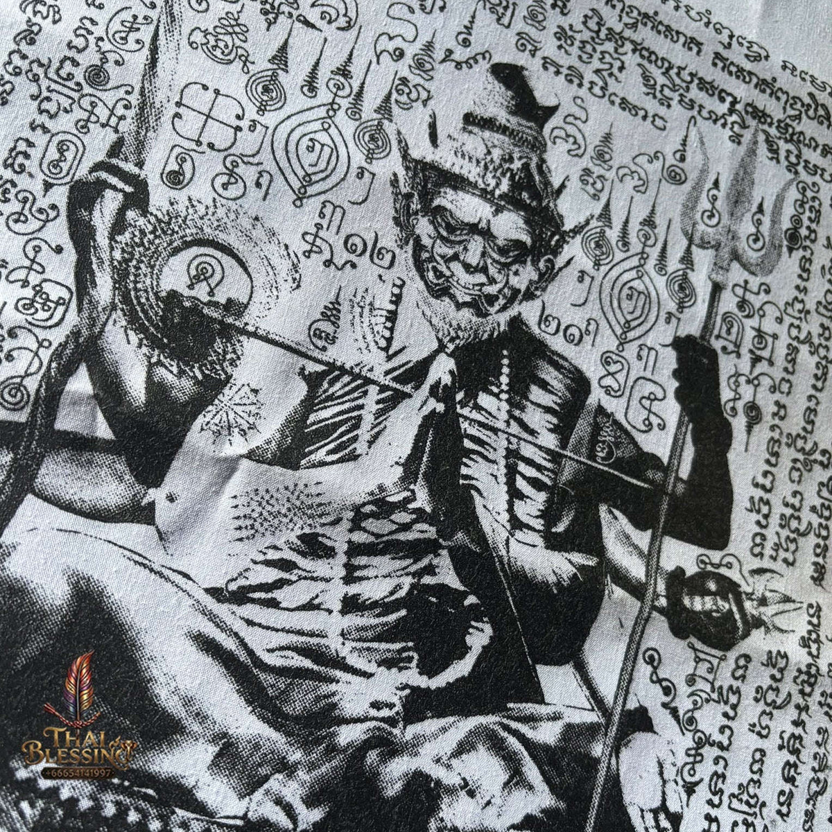Authentic Thai Sacred Yantra Cloth "Grand Master Lersi Phetchalukan - 8-Armed Asura Deity Avatar" Enemy Vanquishing Edition (A3 Size) by Ruen Phra Phetchalukan Pichai Songkhram Thai Blessing Co By RURUECHA