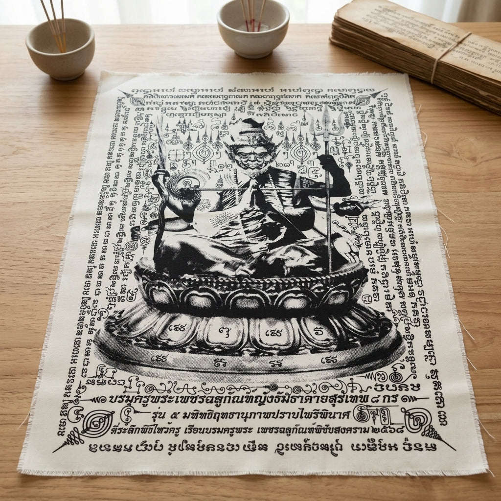Authentic Thai Sacred Yantra Cloth "Grand Master Lersi Phetchalukan - 8-Armed Asura Deity Avatar" Enemy Vanquishing Edition (A3 Size) by Ruen Phra Phetchalukan Pichai Songkhram Thai Blessing Co By RURUECHA