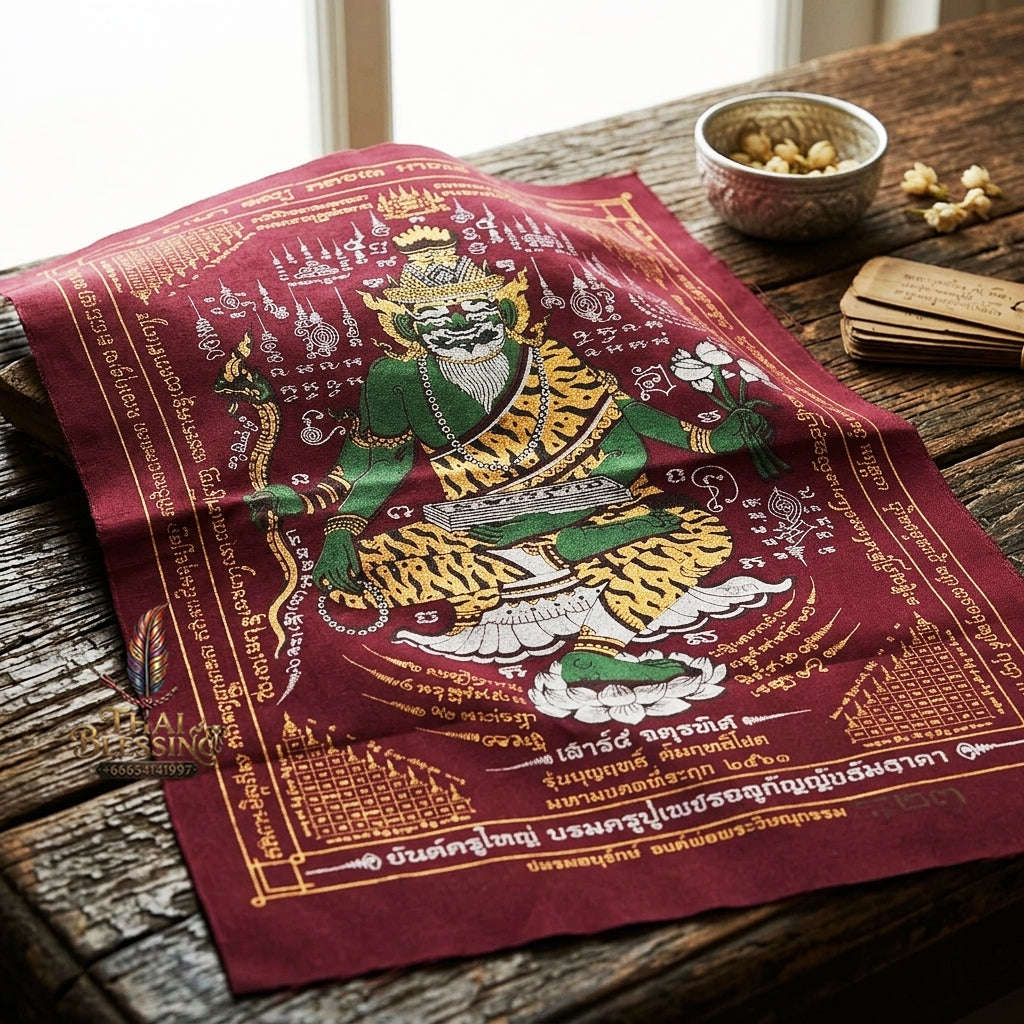 Authentic Thai Sacred Yantra Cloth "Grand Master Lersi Phetchalukan Dhammadhada" Sao 5 Auspicious Edition B.E. 2563 (A3 Size) by Ruen Phra Phetchalukan Pichai Songkhram Thai Blessing Co By RURUECHA