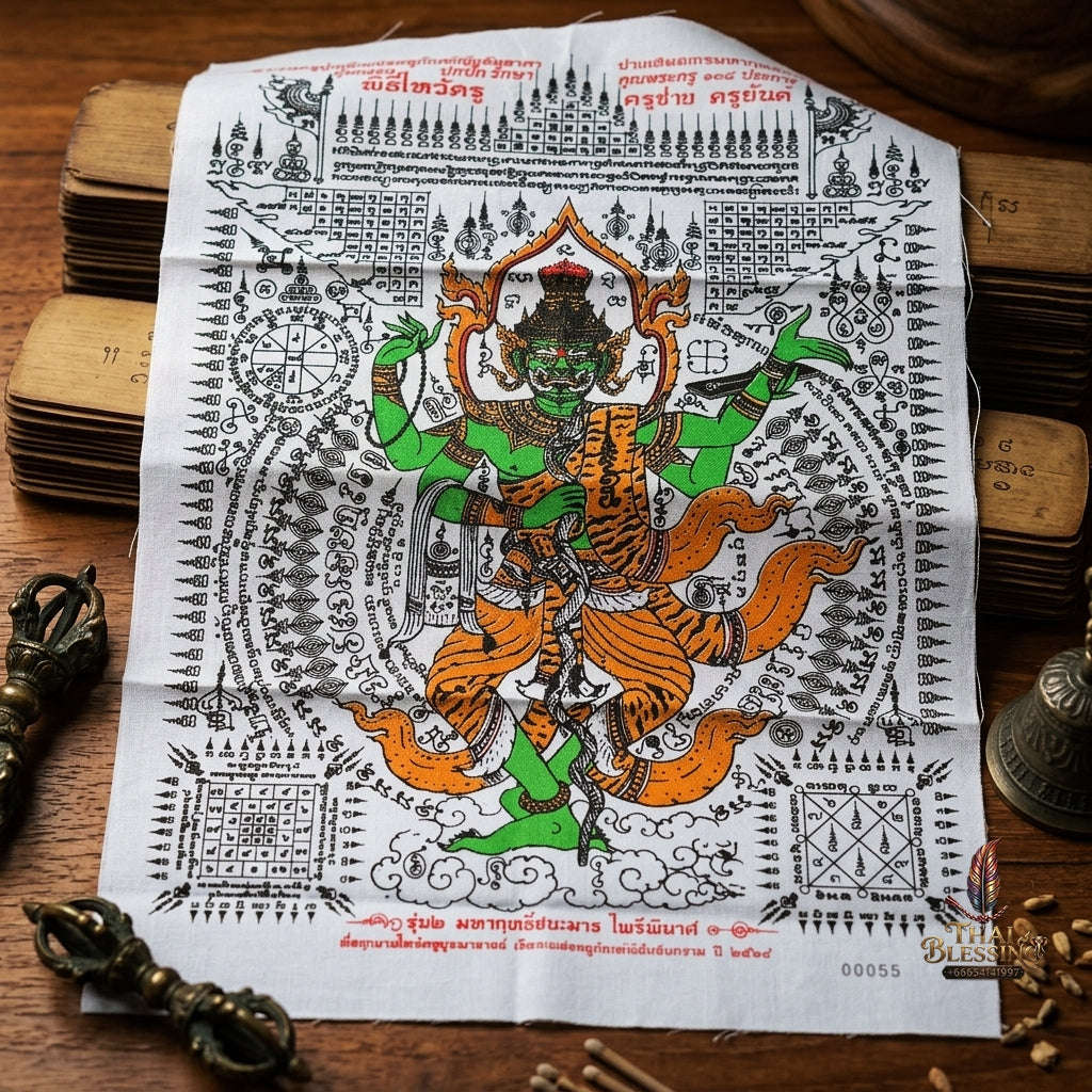 Authentic Thai Sacred Yantra Cloth "Grand Master Lersi Phetchalukan" Victorious Over Evil & Enemy Vanquishing Edition (A3 Size) by Ruen Phra Phetchalukan Pichai Songkhram Thai Blessing Co By RURUECHA