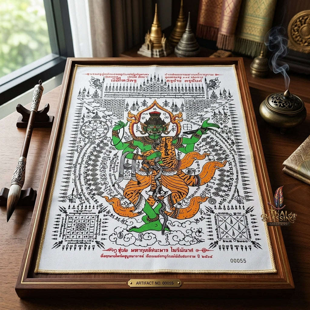Authentic Thai Sacred Yantra Cloth "Grand Master Lersi Phetchalukan" Victorious Over Evil & Enemy Vanquishing Edition (A3 Size) by Ruen Phra Phetchalukan Pichai Songkhram Thai Blessing Co By RURUECHA