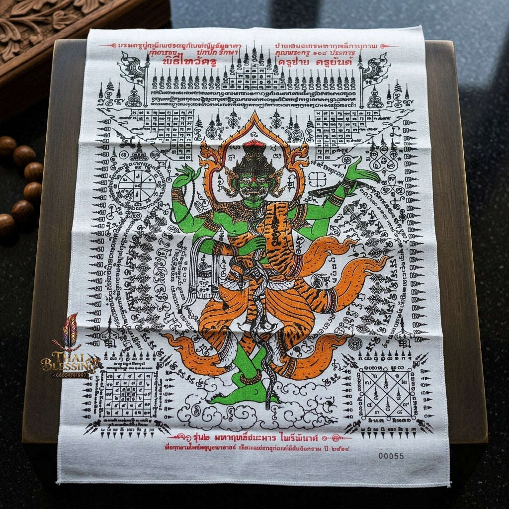 Authentic Thai Sacred Yantra Cloth "Grand Master Lersi Phetchalukan" Victorious Over Evil & Enemy Vanquishing Edition (A3 Size) by Ruen Phra Phetchalukan Pichai Songkhram Thai Blessing Co By RURUECHA