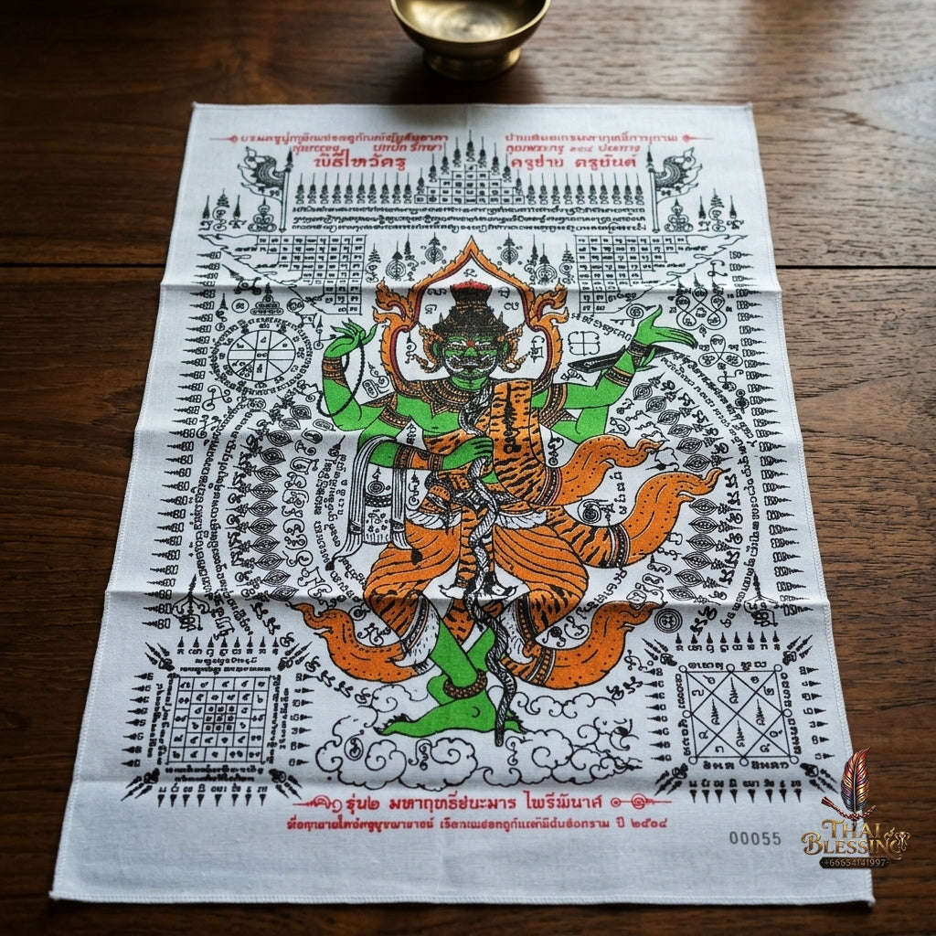 Authentic Thai Sacred Yantra Cloth "Grand Master Lersi Phetchalukan" Victorious Over Evil & Enemy Vanquishing Edition (A3 Size) by Ruen Phra Phetchalukan Pichai Songkhram Thai Blessing Co By RURUECHA