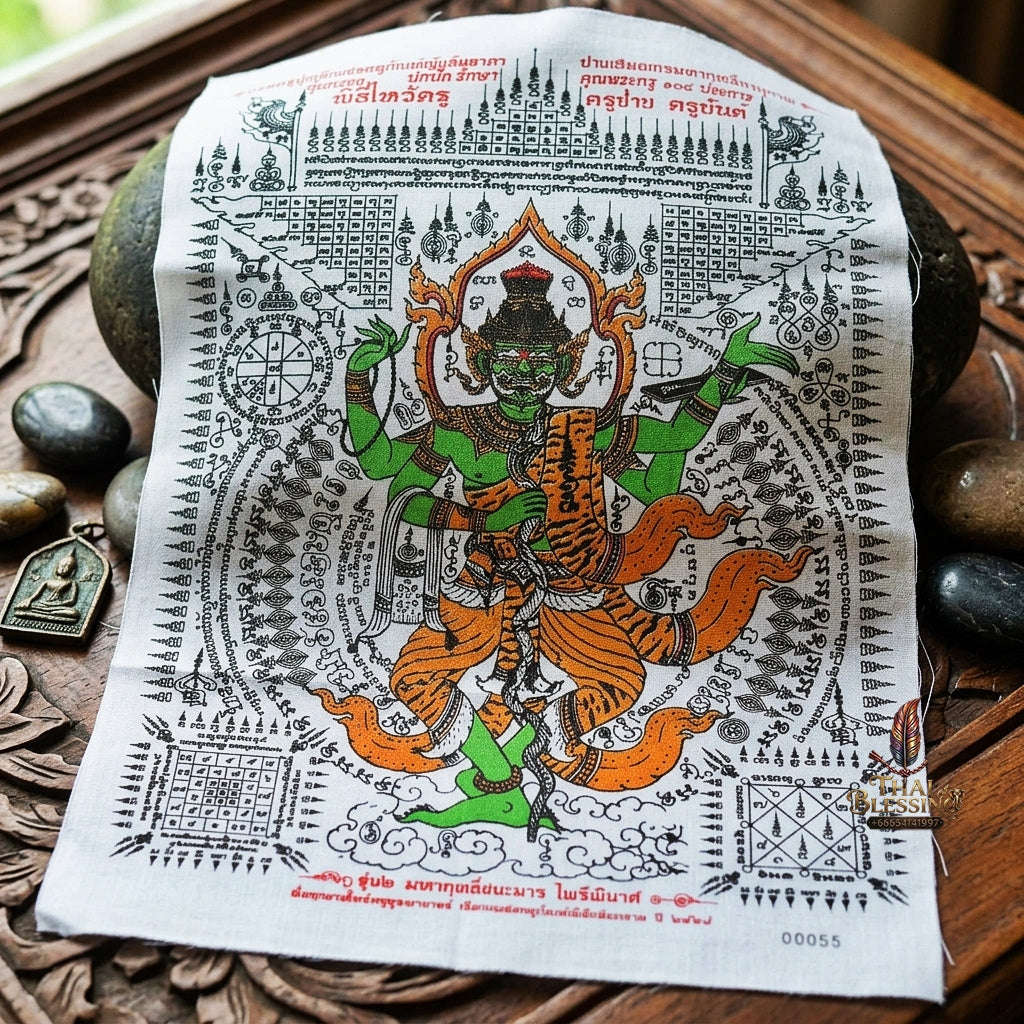 Authentic Thai Sacred Yantra Cloth "Grand Master Lersi Phetchalukan" Victorious Over Evil & Enemy Vanquishing Edition (A3 Size) by Ruen Phra Phetchalukan Pichai Songkhram Thai Blessing Co By RURUECHA