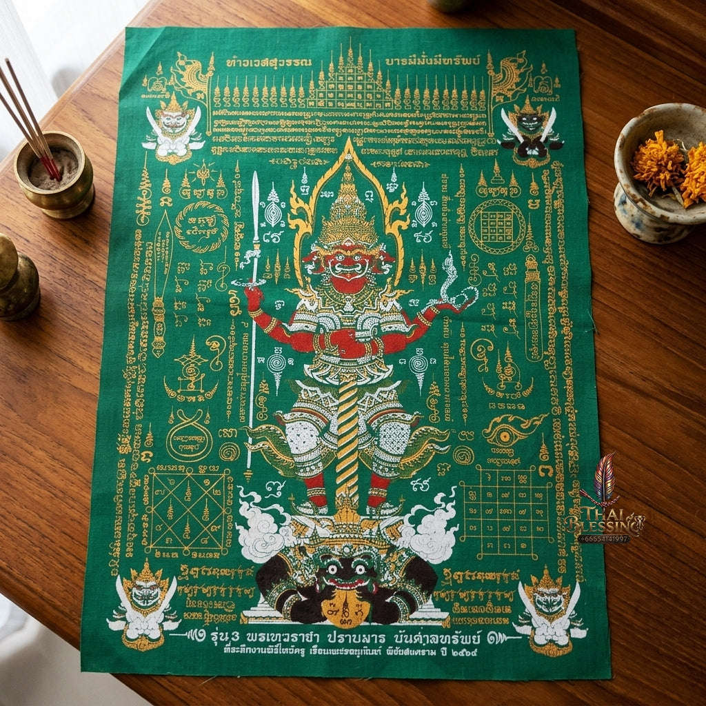 Authentic Thai Sacred Yantra Cloth "Lord Thao Wessuwan - Wealth Prosperity & Evil Vanquishing Edition Batch 3" (A3 Size) by Ruen Phra Phetchalukan Pichai Songkhram Thai Blessing Co By RURUECHA