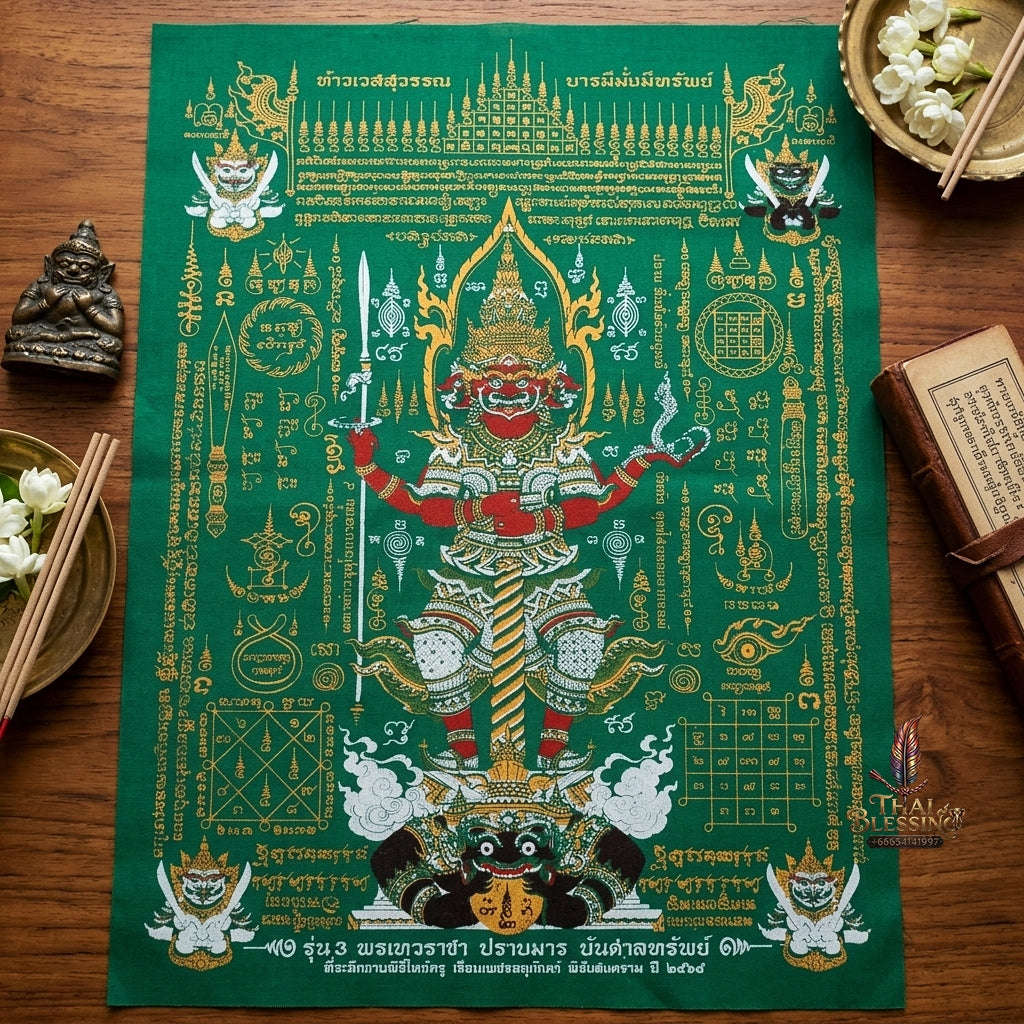 Authentic Thai Sacred Yantra Cloth "Lord Thao Wessuwan - Wealth Prosperity & Evil Vanquishing Edition Batch 3" (A3 Size) by Ruen Phra Phetchalukan Pichai Songkhram Thai Blessing Co By RURUECHA
